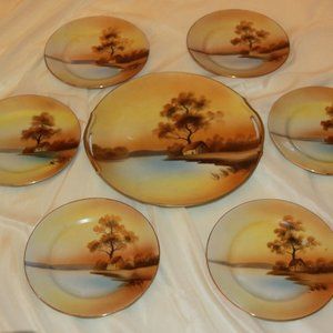Noritake Vintage Scenic Cake Plate Dishes 7 piece Serving Hand Painted Set